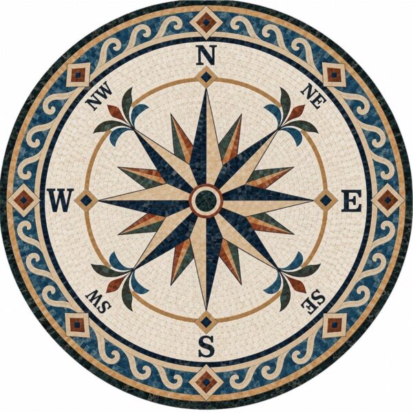Waves Mosaic Compass Rose Inlay - Handmade Nautical Floor Medallion - Natural Stone Tiles - Home Decoration - Indoor/Outdoor - Custom Sizes
