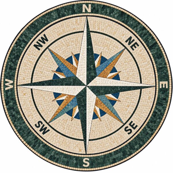 Green Compass Rose Mosaic Inlay - Handmade Nautical Floor Medallion - Natural Stone Tiles - Home Decoration - Indoor/Outdoor - Custom Sizes