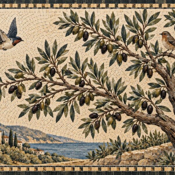 Olive Branch Mosaic Art - Handmade Natural Stone Wall Art - Custom Size Tile Art - Home Decor Designs - Indoor/Outdoor - Backsplash