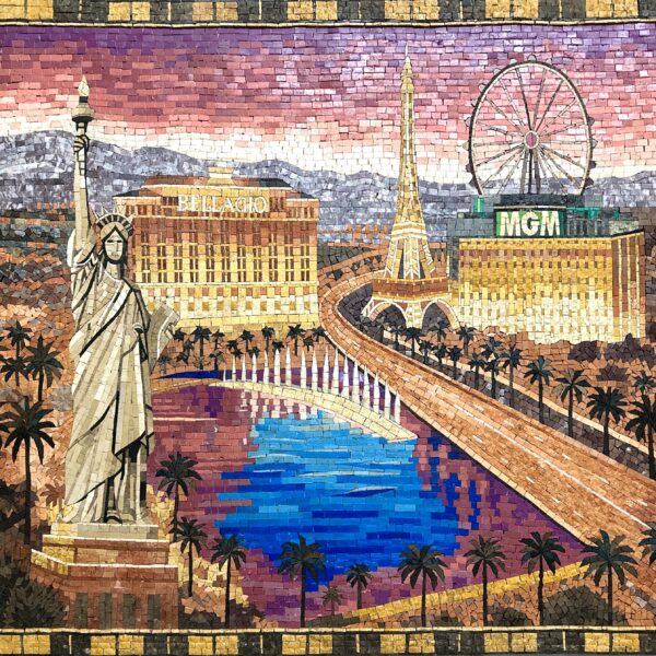 Las Vegas Mosaic - Handmade Wall Art of Vegas Strip - Marble and Natural Stone - Bellagio, Eiffel Tower & Statue of Liberty - Custom Sizes