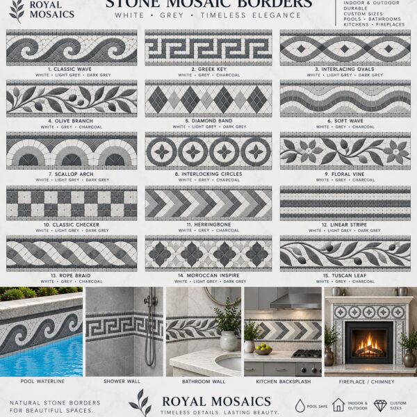 Grey Stone Mosaic Border Tile - Custom Natural Stone Decorative Border - Pool Waterline, Shower, Bathroom, Kitchen & Fireplace Mosaic