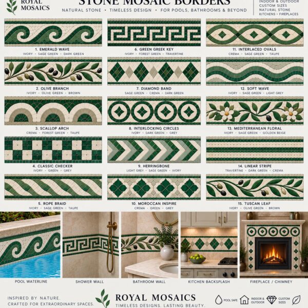 Green Stone Mosaic Border Tile - Custom Natural Stone Decorative Border - Pool Waterline, Shower, Bathroom, Kitchen & Fireplace Mosaic