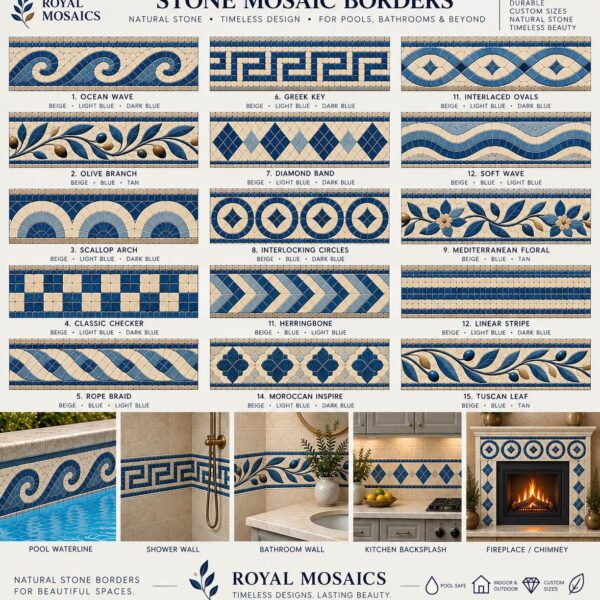 Blue and Beige Stone Mosaic Border Tile - Custom Natural Stone Decorative Border - Pool Waterline, Shower, Bathroom, Kitchen & Fireplace