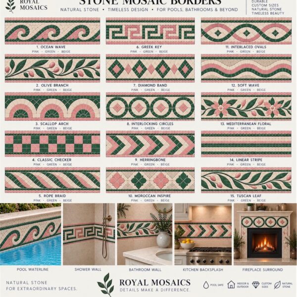 Pink and Green Stone Mosaic Border Tile - Custom Natural Stone Decorative Border - Pool Waterline, Shower, Bathroom, Kitchen & Fireplace