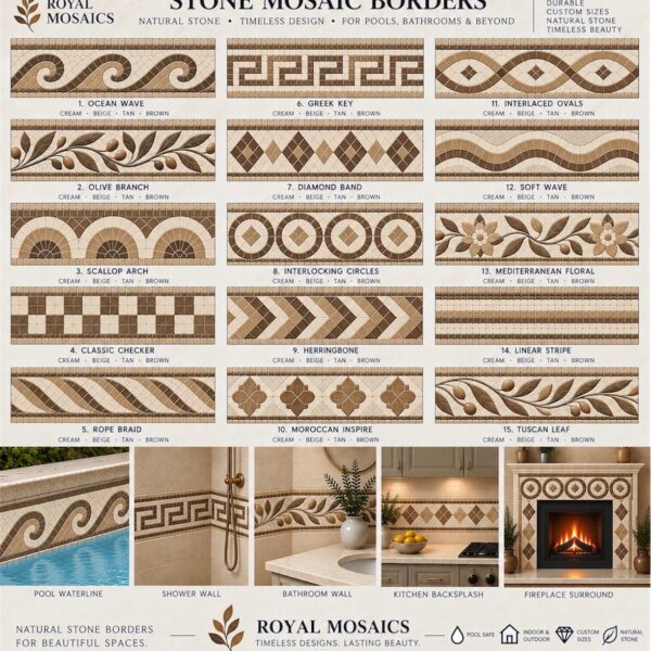 Beige and Brown Stone Mosaic Border Tile - Custom Natural Stone Decorative Border - Pool Waterline, Shower, Bathroom, Kitchen & Fireplace