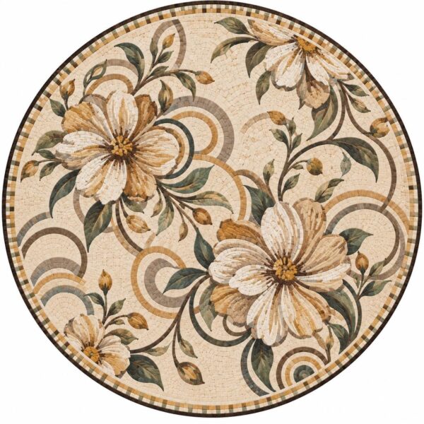 Floral Mosaic Medallion - Handmade Botanical Flower from Marble and Stone, Round Floor & Wall Art, Custom Sizes