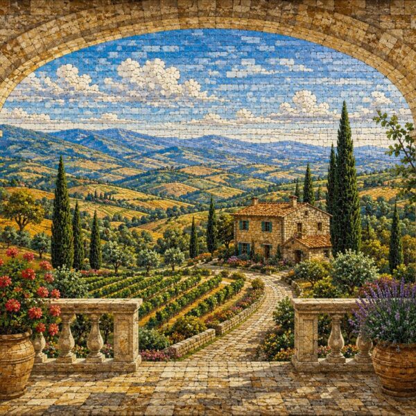 Tuscan Landscape Stone Mosaic Wall Art - Handmade Italian Villa Vineyard Mosaic, Tuscany Countryside Mosaic Mural, Indoor/Outdoor Decor