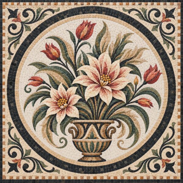 Floral Stone Mosaic Medallion - Handmade Flower Mosaic Art, Wall & Floor Decor