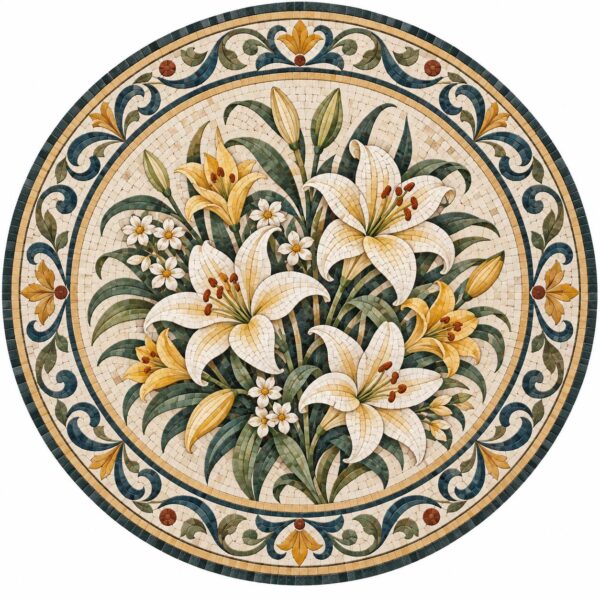 Lily Flower Stone Mosaic Medallion - Floral Botanical Art, Handmade from Natural Stone, Round Floor & Wall Decoration, Any Size