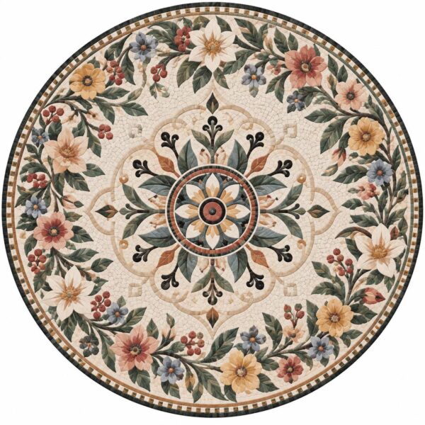 Handmade Floral Mosaic Art | Round Natural Stone Medallion, Botanical Marble Mosaic for Floor or Wall, Custom Home Decor
