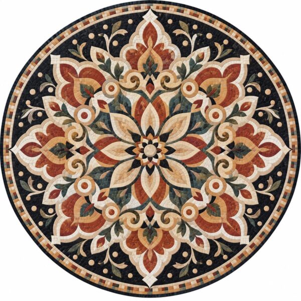 Ornamental Stone Mosaic Medallion | Terracotta Floral Mosaic, Round Marble Floor Inlay, Mediterranean Wall & Floor Mosaic