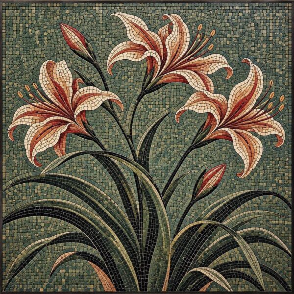 Handmade Vintage Lily Mosaic Art - Flower Wall Decor, Botanical Stone Panel, Custom Tile Artwork