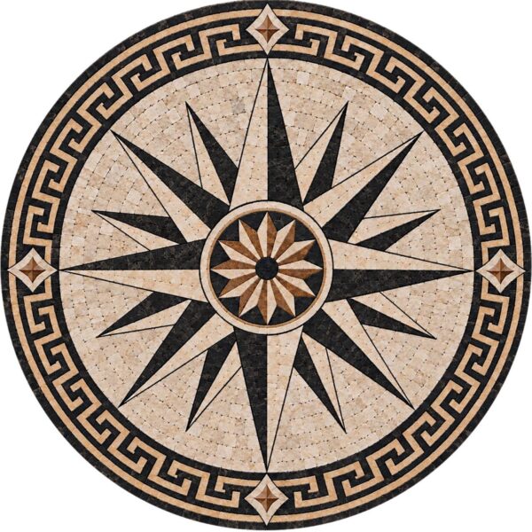 Compass Rose Mosaic Medallion - Greek Key Floor Inlay, Nautical Tile Art, Marble & Natural Stone, Patio/Pool/Entrance
